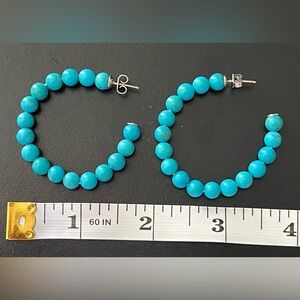 BLUE TURQUOISE BEADED 2” ROUND HOOP PIERCED EARRINGS